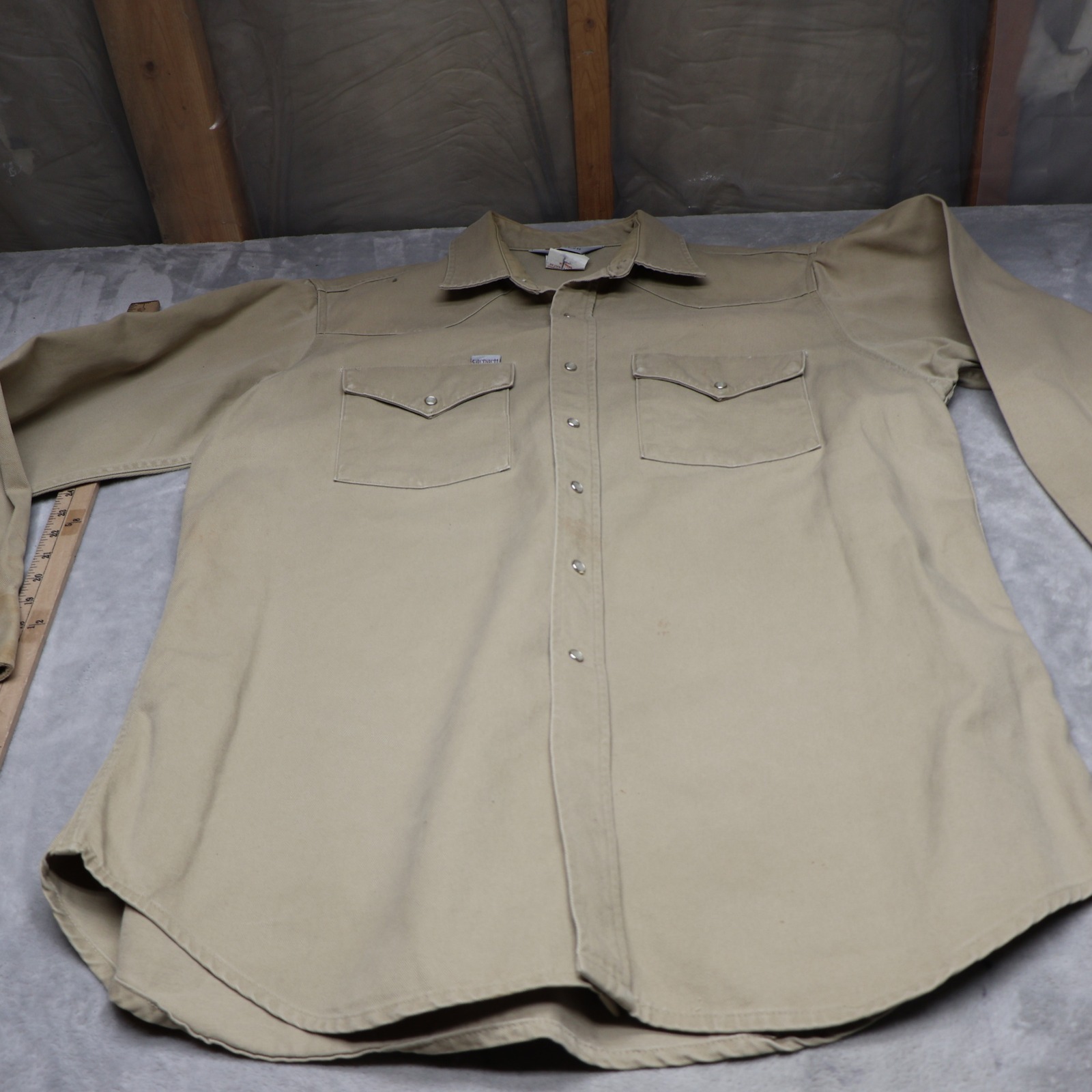 Carhartt Pearl Snap Shirt Mens Xl 17.5 Cream Canvas Western Long Sleeve Rugged